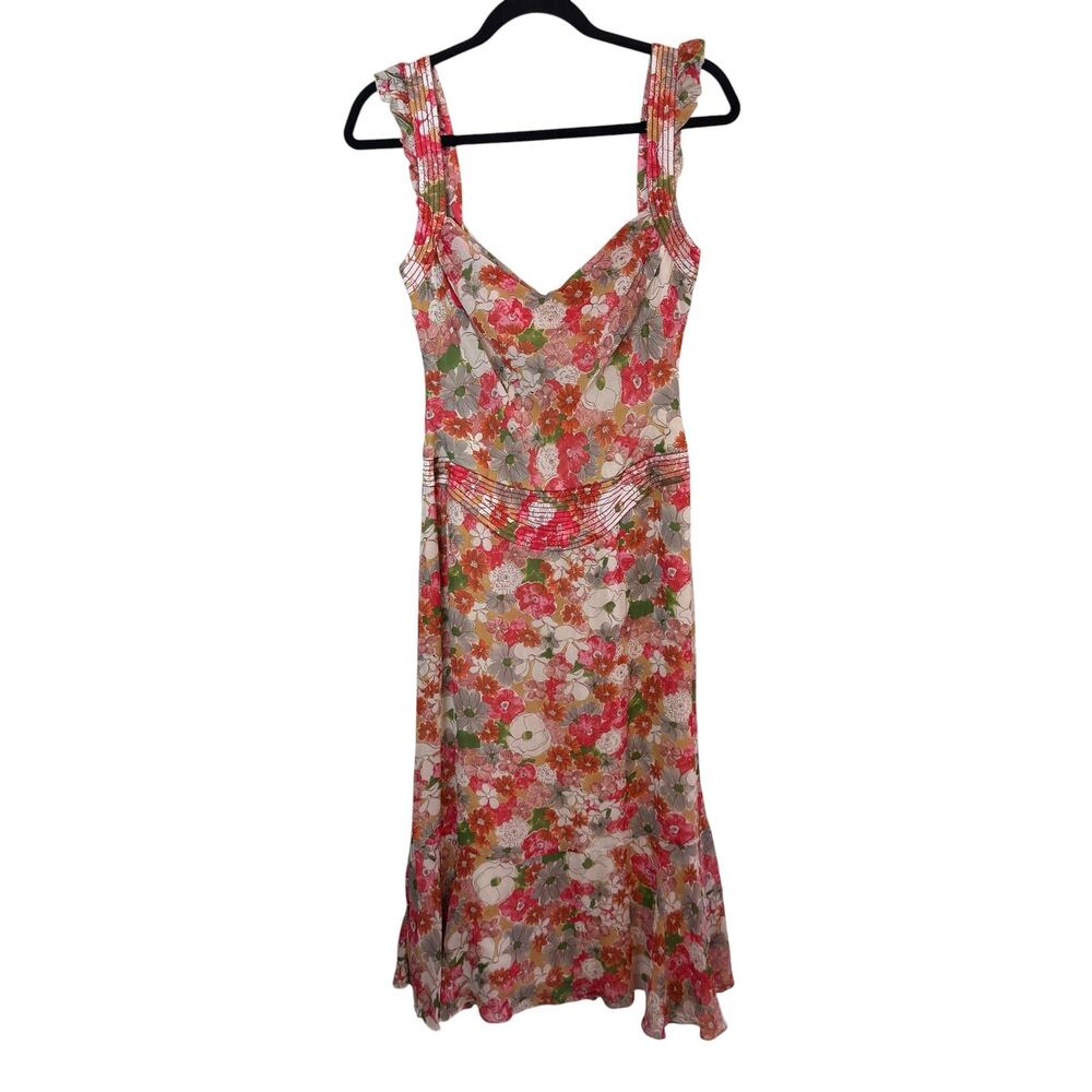 90's Vera Wang Silk Y2K Linen Floral Ruffle Midi Dress Boho Cottagecore Red 8